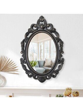 Vintage Black Oval Wooden Frame Wall Mirror - Baroque Style Decorative Antique
